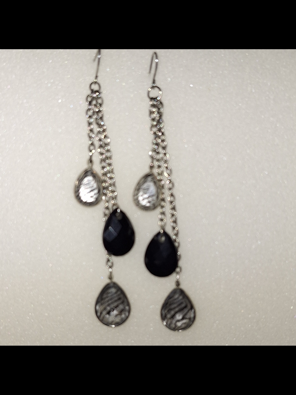 Silver Chain Dangle Earrings with Black Teardrop Stones - Women Jewelry